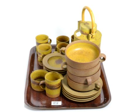 A Robin Welch studio pottery coffee service for six, including coffee pot, together with four soup bowls and stands 