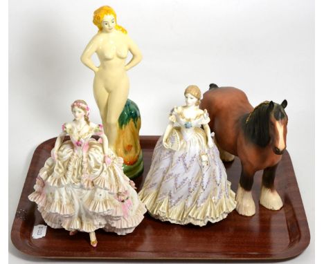 Two Royal Worcester figures; a Doulton shire horse; Royal Doulton Bunnykins figures; Border Fine Arts etc (two trays)