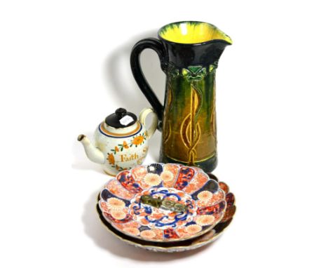 A named and dated 1791 pearlware teapot, two Imari pattern dishes, large jug and sovereign scales 