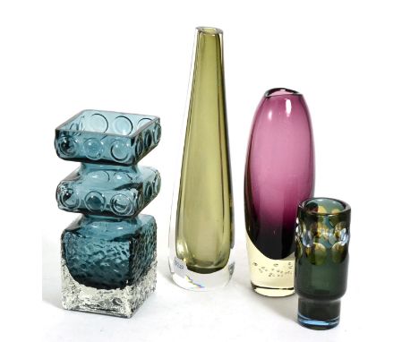 An Orrefors slim dusky grey vase, signed; a Riihimaki purple cased glass vase; a Kosta faceted vase; and a Riihimaki Kehra va