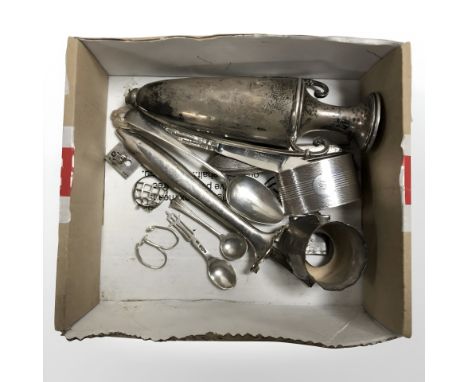 A group of silver / white metal items, including twin handled vase, napkin ring with engine turned decoration, Georgian teasp