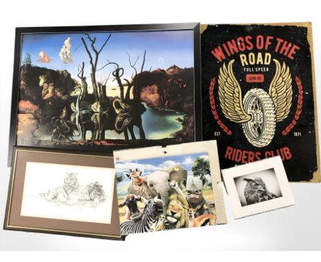 A group of pictures and prints including Salvador Dali print, a tin sign, wildlife pictures, largest 85 cm x 65 cm overall.