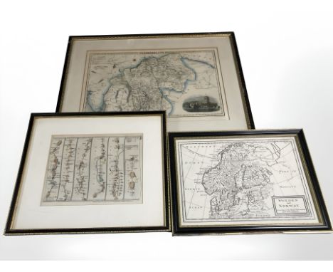 An 18th century engraved and hand coloured strip map of the road through Boroughbridge and Rippon to Richmond, 17 cm x 21 cm,