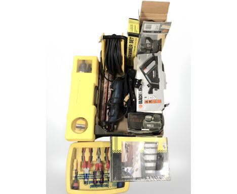 A group of tools and hardware including Black and Decker sander, laser level, electrical tool set, extension cable, etc. (2 b