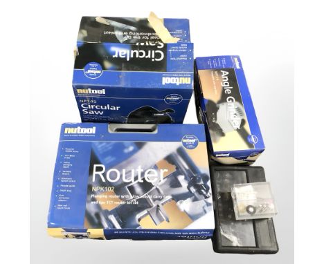 A boxed Nutool circular saw, router and angle grinder, quantity of dremel attachments. (1 box)
