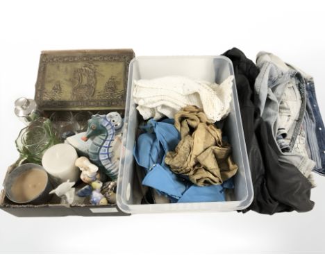 An embossed brass box containing shoe shine brushes and polish, assorted drinking glasses, ornaments, candle, a black leather