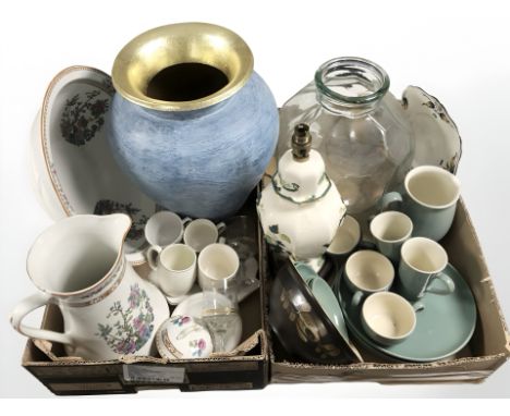 Various ceramics including a Masons chartreuse lamp base, earthenware tea and coffee set, large urn, pottery wash jug and bas