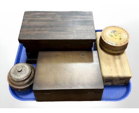 An antique mahogany box, together with further trinket boxes and pots. 
