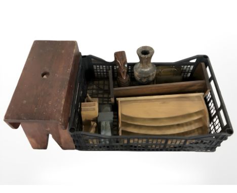 A wooden book trough, letter rack, pine cracket, tribal style blade etc 
