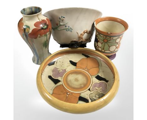 A Clarice Cliff for Wilkinson Fantasque fruit bowl, diameter 28 cm, two further vases and a tripod fruit bowl. CONDITION REPO