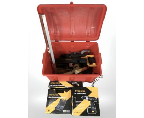 A boxed Tooltec cordless drill, cordless screw driver, 48 piece drill bit set, plastic box of assorted hand tools 