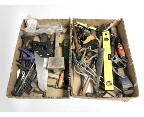 A group of hand tools, vices, spirit level, a Black and Decker electric screwdriver, etc. (2 boxes)