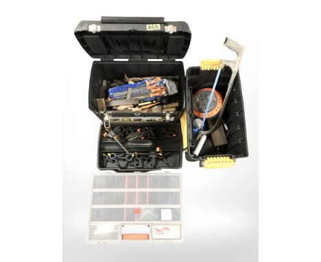 Two plastic toolboxes and contents, a further multi-division box containing screws, handsaw, etc. 