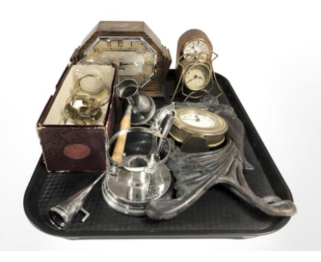 A Smith Electric Art Deco mantle clock, Art Nouveau cast metal easel photo frame, plated wares, further timepieces, etc. 