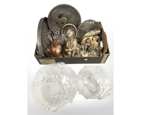 Two silver plated gallery trays, glass bowls, carnival glass bowl, ceramic figurines, metal mounted horn. (1 box)