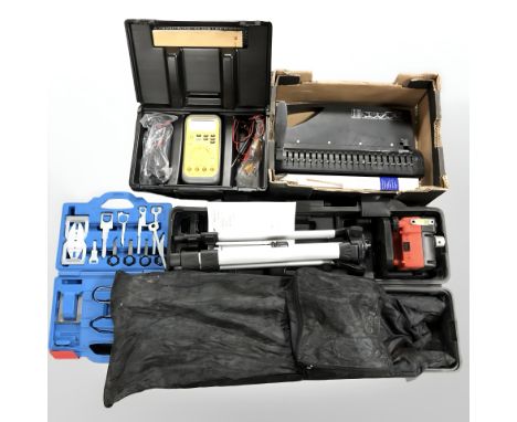 A Rotary laser level, Comb binding machine, Summit automotive metre, Blaupunkt car key kit etc (2 boxes) 