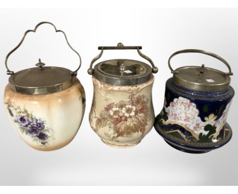 Three Victorian ceramic biscuit jars with plated lids