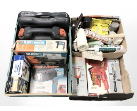 A group of boxed power tools including Black and Decker, hand drill, inspection lamp, smoothing plane, etc. (2 boxes)