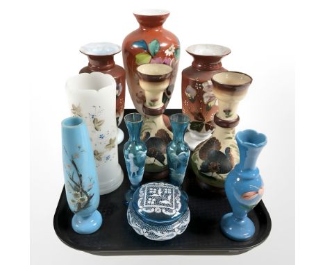 A group of Victorian hand painted glass vases, pair of Mary Gregory style bud vases, lidded circular trinket box.