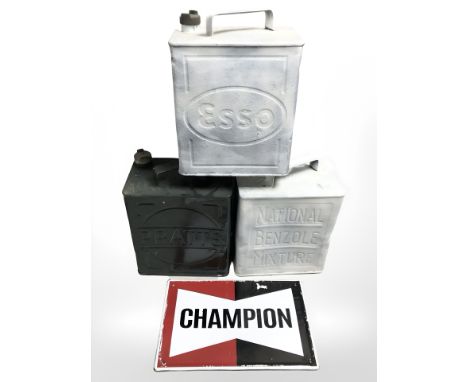 Three painted jerry cans stamped 'Pratts', 'Esso' and 'National Benzole Mixture', together with an enameled Champion sign, 36