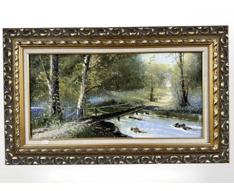 Dallas K. Taylor (1941 - 2011) Bridge over a river in woodland, oil on canvas, 29 cm x 60 cm.