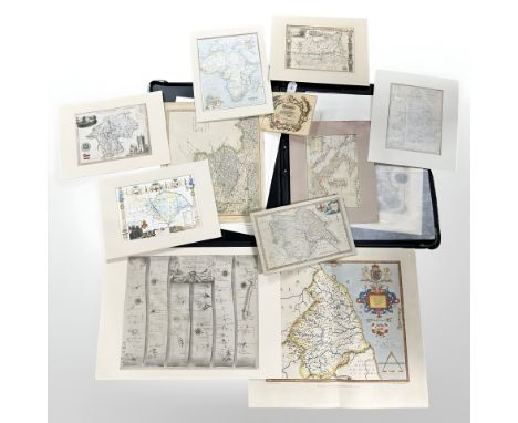 A folio containing an interesting collection of late 17th century and later unframed engraved and hand coloured maps, includi