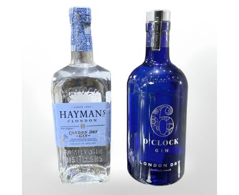 A bottle of Hayman's of London dry gin, 70cl and a further bottle of Six O'Clock London dry gin, 70cl.