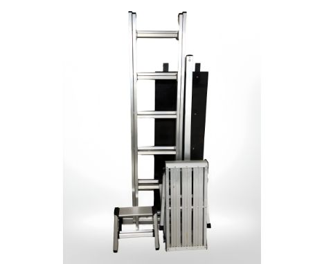 An aluminium extending ladder, folding step and decorator's platform 