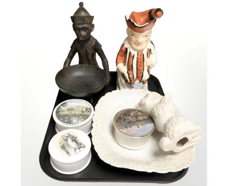 A Mister Punch earthenware Toby jug, contemporary resin figure of a seated monkey, cream ware relief moulded dish (restored),