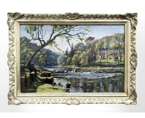 Alan R Cook : The North Tyne, Barrasford, oil on board, 49 cm x 75 cm.