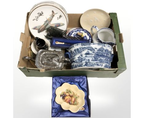 A quantity of collectors plates, reproduction blue and white transfer printed planter, an Aynsley Orchard Gold dish and match