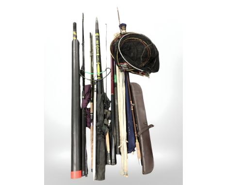 Various fishing rods including a Hardy Farnborough two piece rod, other modern rods, landing nets, rod rest, together with a 