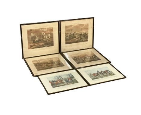 2 sets of late 19th century engravings. 4 The First Steeple Chase on Record 55x48cm. 2 Hunting 50.5x39.5cm