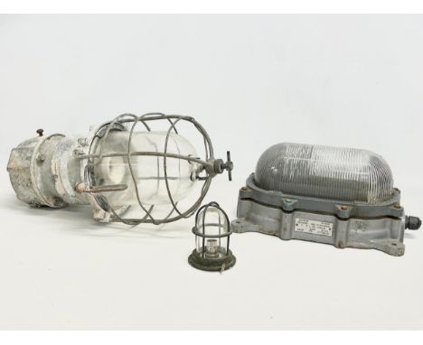 2 large vintage bulkhead lights and a ships nautical light. Simplex Lighting pendant bulkhead light 48cm. A Heyes &amp; Co bu