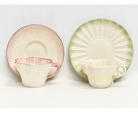 2 second period Belleek pottery cups and saucers, with 1 later saucer. Circa 1926-1946. 