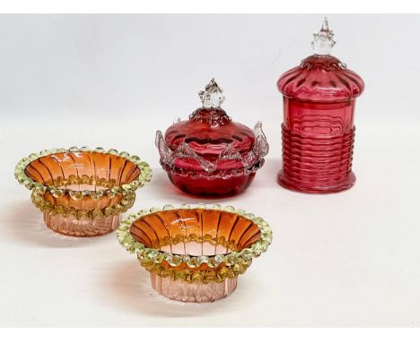 Victorian glassware. A pair of Victorian cranberry, orange glass bowls with Vaseline glass frilled edges 14x5.5cm. 2 Victoria