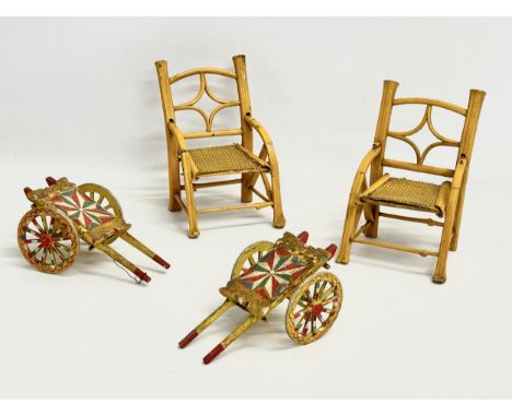 A pair of vintage Chinese style dolls house chairs 9x10x13cm. A pair of carnival flatbed horse carts 13cm 