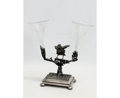 A good quality late 19th century silver plated epergne with etched glass branches. By James Deakin &amp; Son. 29x29cm 