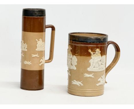 A tall late 19th century silver rimmed Doulton Lambeth stoneware tankard 19cm, with an early 20th century Royal Doulton Lambe