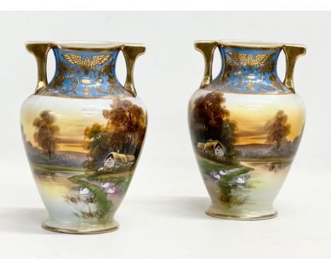 A pair of early 20th century hand painted vases by Noritake. 14x18cm 