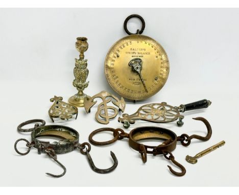 A quantity of 19th century scales and trivet stands. 2 19th century half moon balance scales, 3 Victorian brass trivet stands