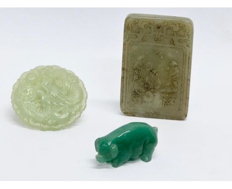 Chinese Jade. A vintage Chinese celadon square pendant 6.5cm. With a later Chinese Jade pendant and pig. 