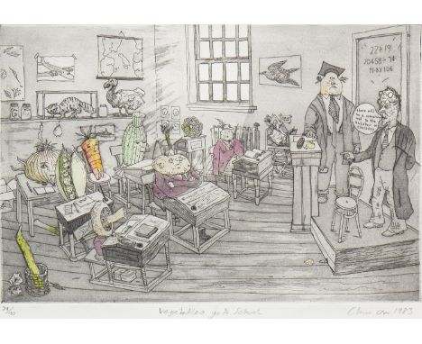 * CHRIS ORR (BRITISH b.1943), VEGETABLES GO TO SCHOOL etching, signed, titled, dated 1983 and numbered 39/40 23cm x 34cm Unfr