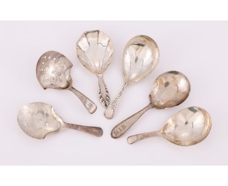 
	
		SIX SILVER OLD ENGLISH PATTERN CADDY SPOONS
		To include: a Victorian beaded caddy spoon by Josiah Williams &amp; Co., E