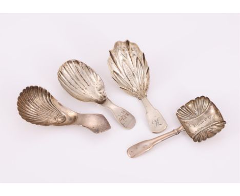 
	
		FOUR SILVER CADDY SPOONS WITH SHELL SHAPED BOWLS
		To include: a George III fiddle pattern caddy spoon by Josiah Snatt, 