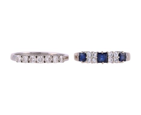 
	
		A DIAMOND SEVEN STONE RING AND A SAPPHIRE AND DIAMOND RING
		The seven stone  brilliant cut diamond ring with claw setti