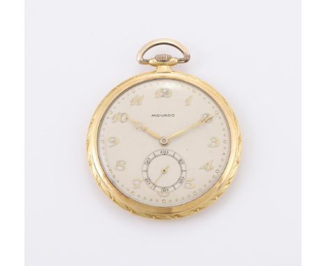 
	
		MOVADO
		A GOLD KEYLESS WIND OPEN FACE POCKET WATCH, NO. 378044 3724
		Movement: Swiss lever, bimetallic split balance, 