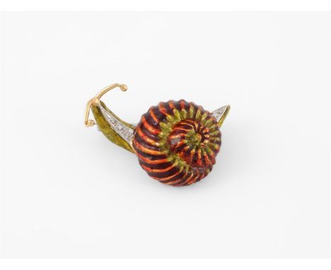 
	
		A DIAMOND ACCENTED ENAMELLED SNAIL BROOCH 
		The green and red enamelled snail with eight cut diamond accented tail and 