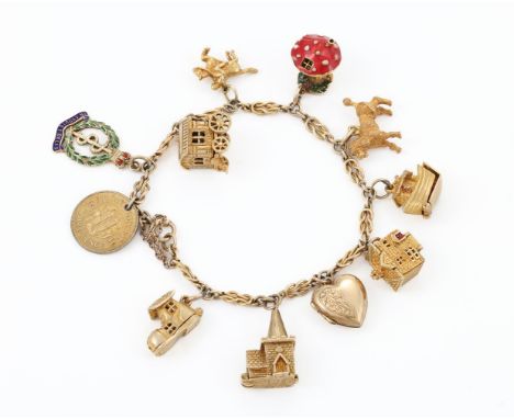 
	
		A 9 CARAT GOLD CHARM BRACELET 
		The lovers knot style bracelet suspending various 9 carat gold charms including an enam