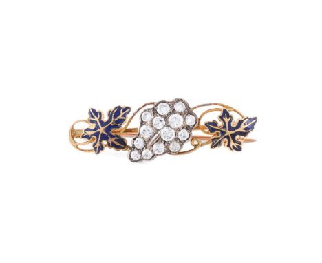 
	
		A DIAMOND GRAPE AND BLUE ENAMELLED VINE LEAF BROOCH 
		The old European cut and brilliant cut diamond set central grape 